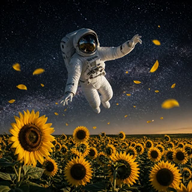 AI-generated image: astronaut floating in a sunflower field under a starry sky