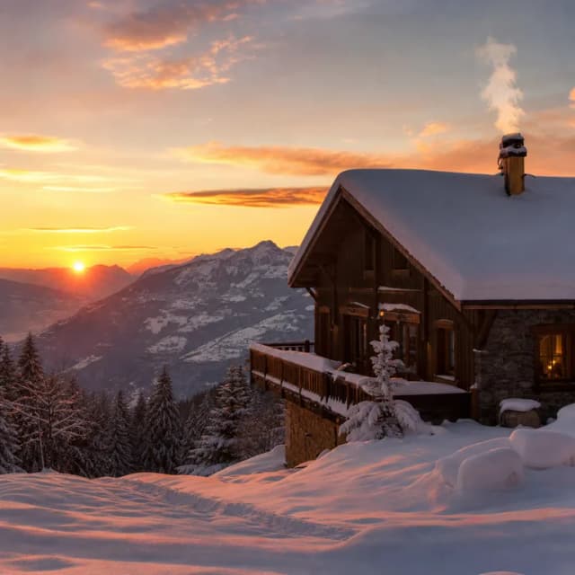 AI-generated image: mountain chalet at sunset, photorealistic