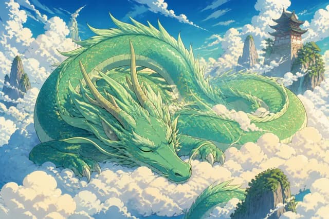 AI-generated anime image: jade dragon over misty mountains