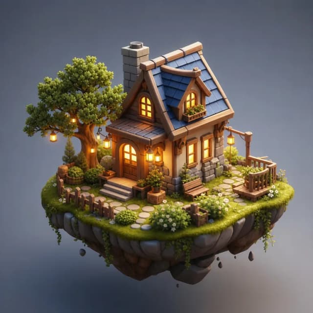 AI-generated 3D render: isometric house on a floating island
