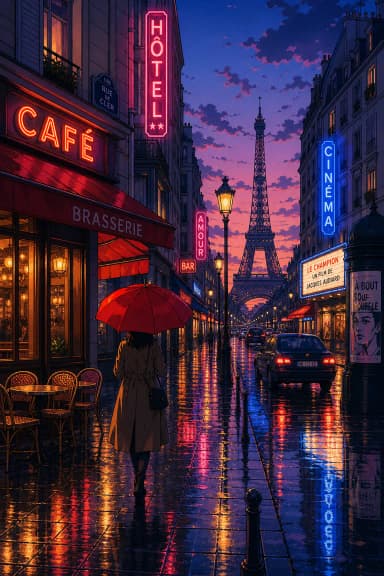 AI-generated anime-style image: Paris street in the rain with a red umbrella