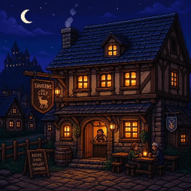 AI-generated pixel art: cozy fantasy tavern