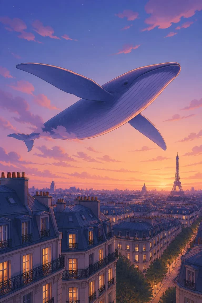 AI-generated illustration: flying whale above a city at dusk