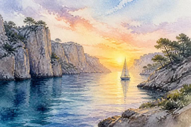 AI-generated watercolor: Mediterranean cliffs and turquoise water