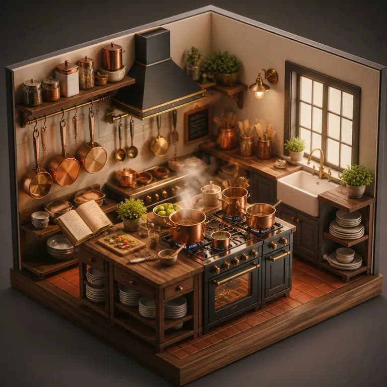 AI-generated 3D render: cute chef in a tiny kitchen