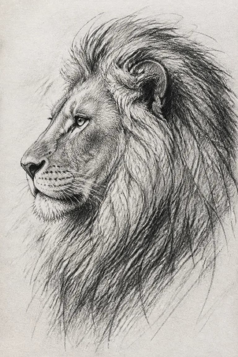 AI-generated pencil sketch: lion portrait