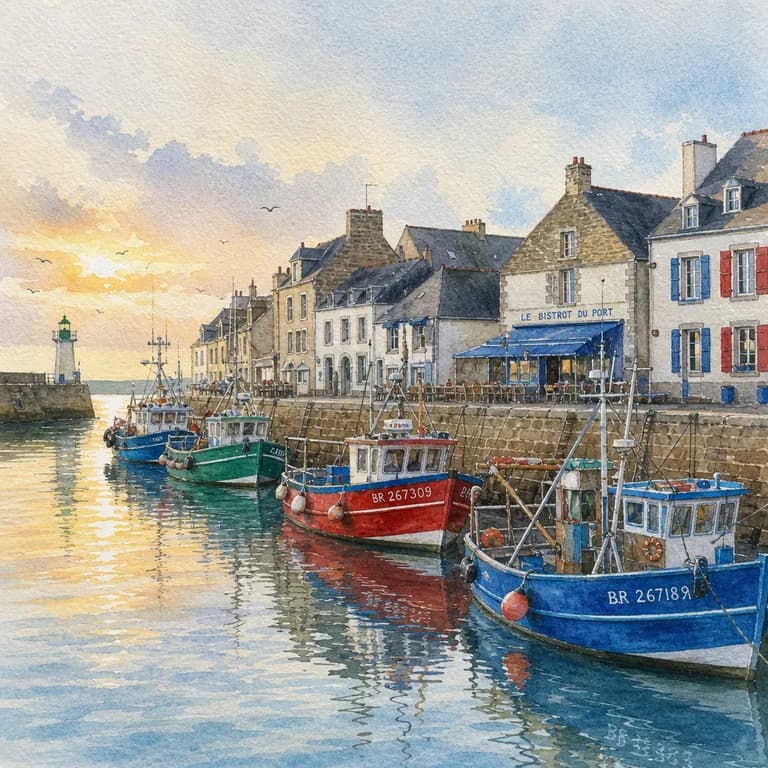 AI-generated watercolor: harbor with fishing boats at dawn